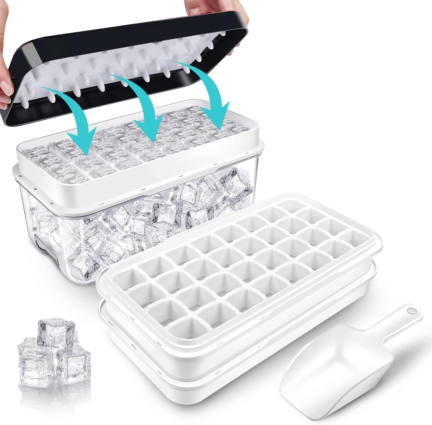 Black Ice Tray Set, Makes 64 Cubes with Lid & Storage Bin