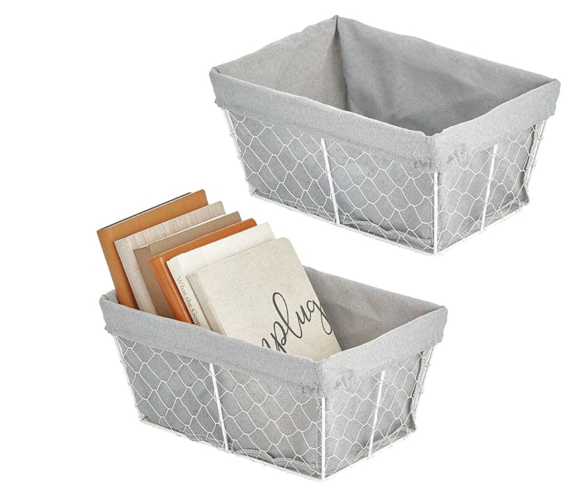 MDesign Medium Chicken Wire Basket with Linen Set of 2
