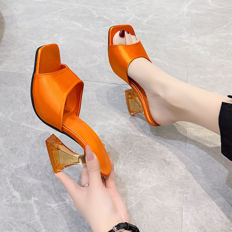 Women's Clear Block Heel Sandals Slip on Slippers Summer Open Toe Shoes Fashion