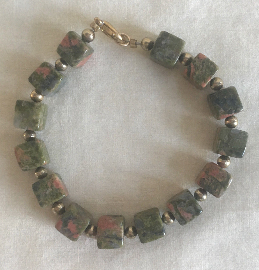 8mm Square Cubed Unakite Bracelet 4mm Goldtone Spacers 7.5 inches Lobster Clasp