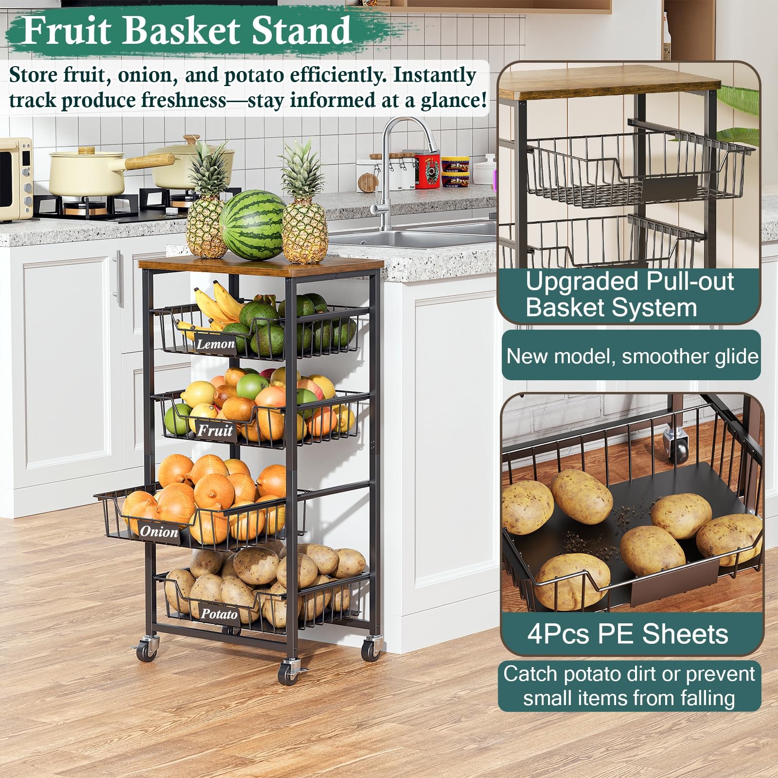 Fruit Basket, 5-Tier Utility Kitchen Organizer and Storage Cart with Pull-Out...