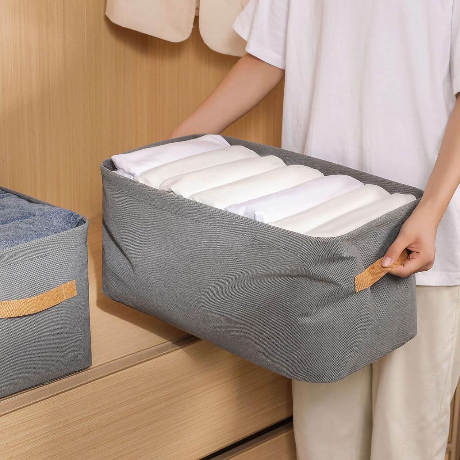 2 Piece Fabric Organiser with Handle Foldable Basket for Organising