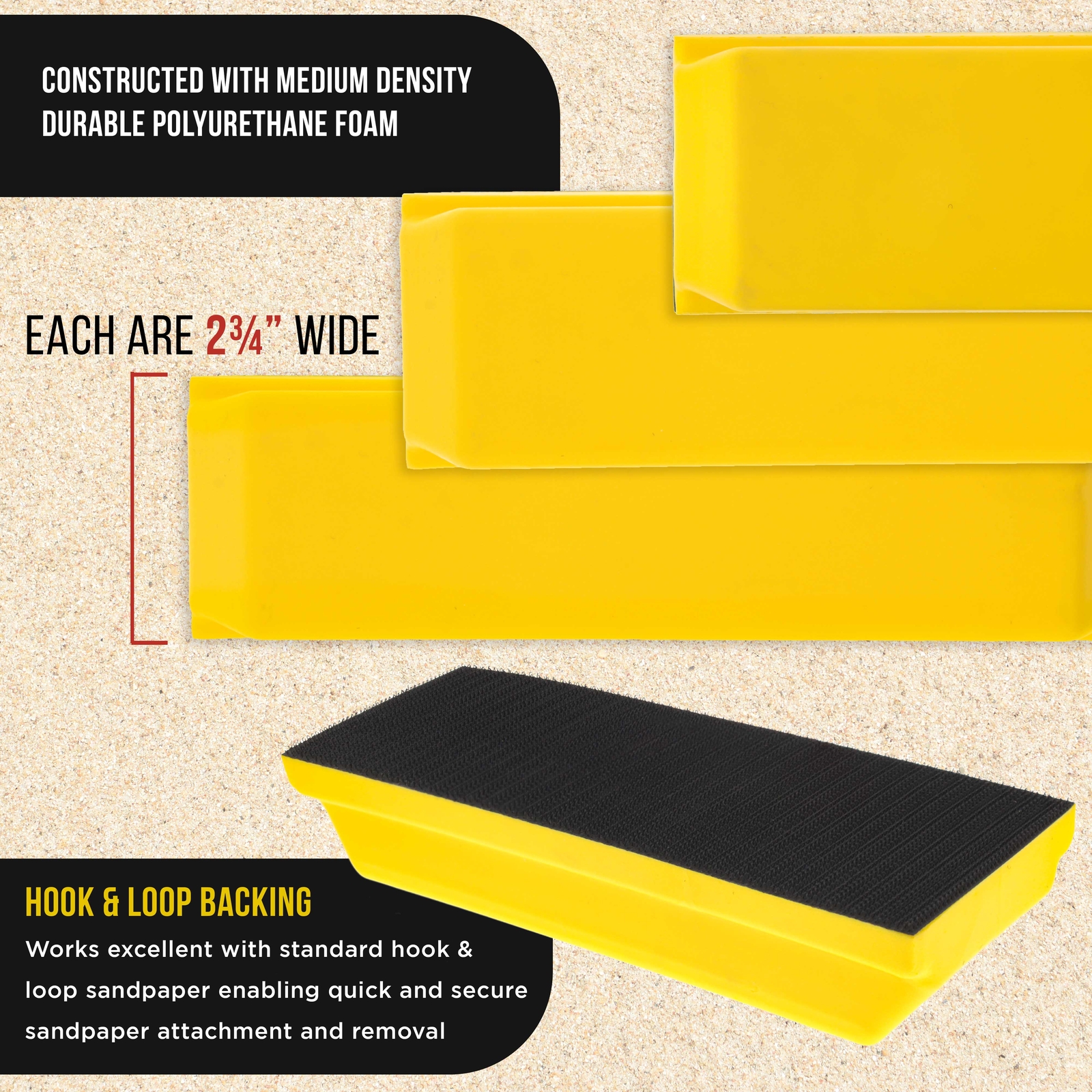 5", 7-3/4" and 10" Rectangle Hand Sanding Blocks, Hook & Loop Backing, PSA Pad