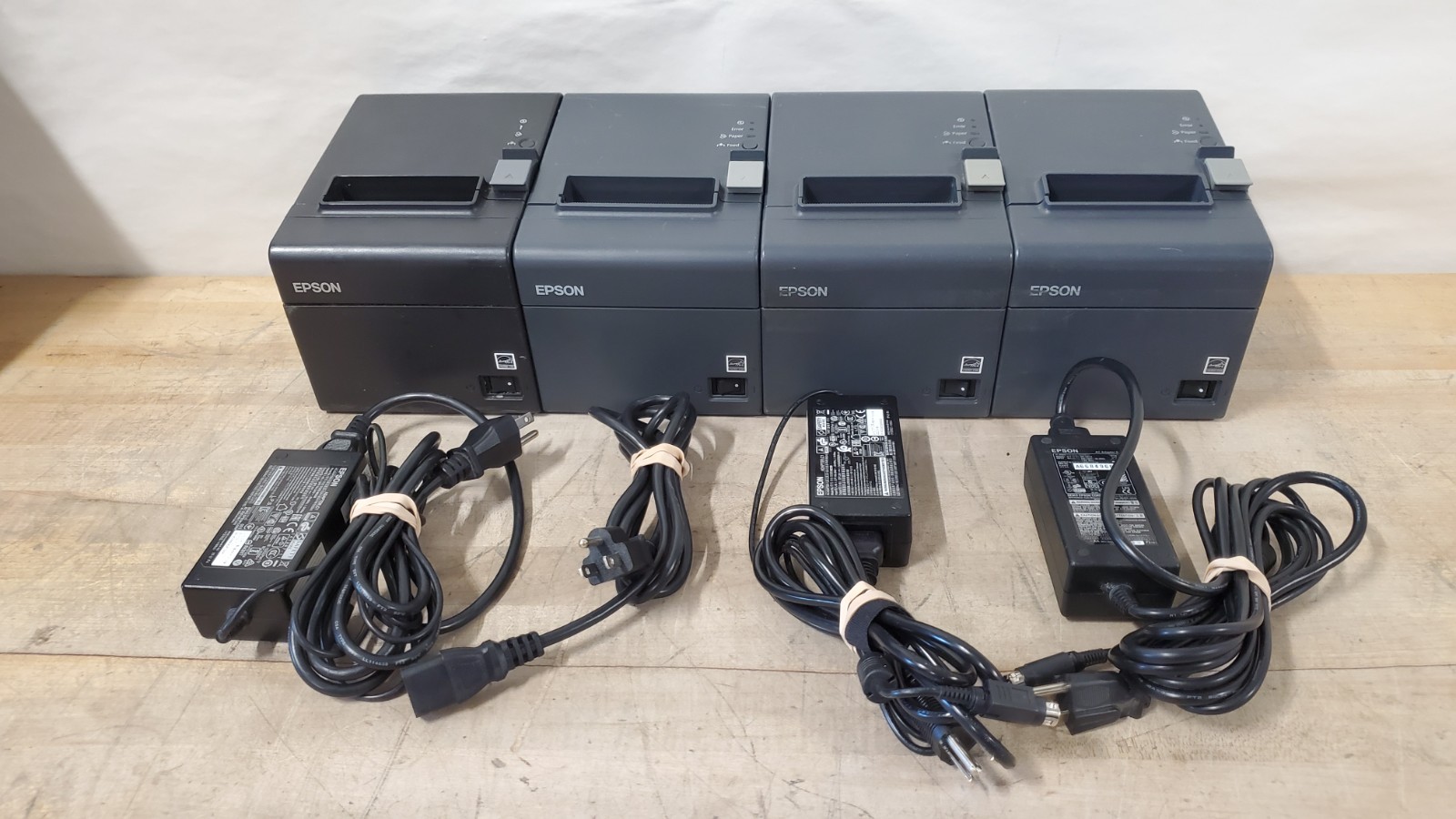 Lot of 4 Epson POS Receipt Printers TM-T20III, 2 TM-T20II, TM-T20 w Power Supply