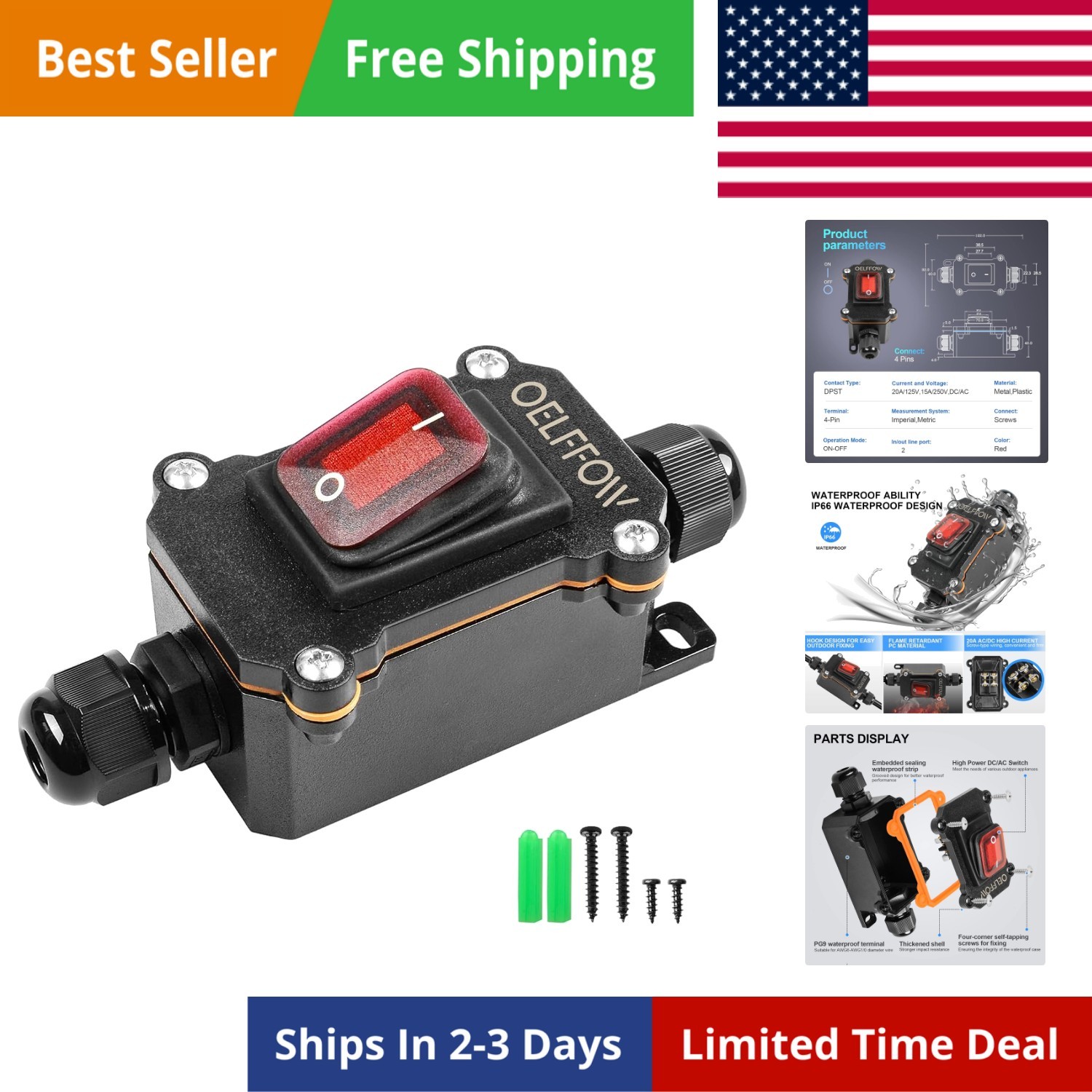 Waterproof On Off Toggle Switch Double Outlet with Red Light Rocker Button In...