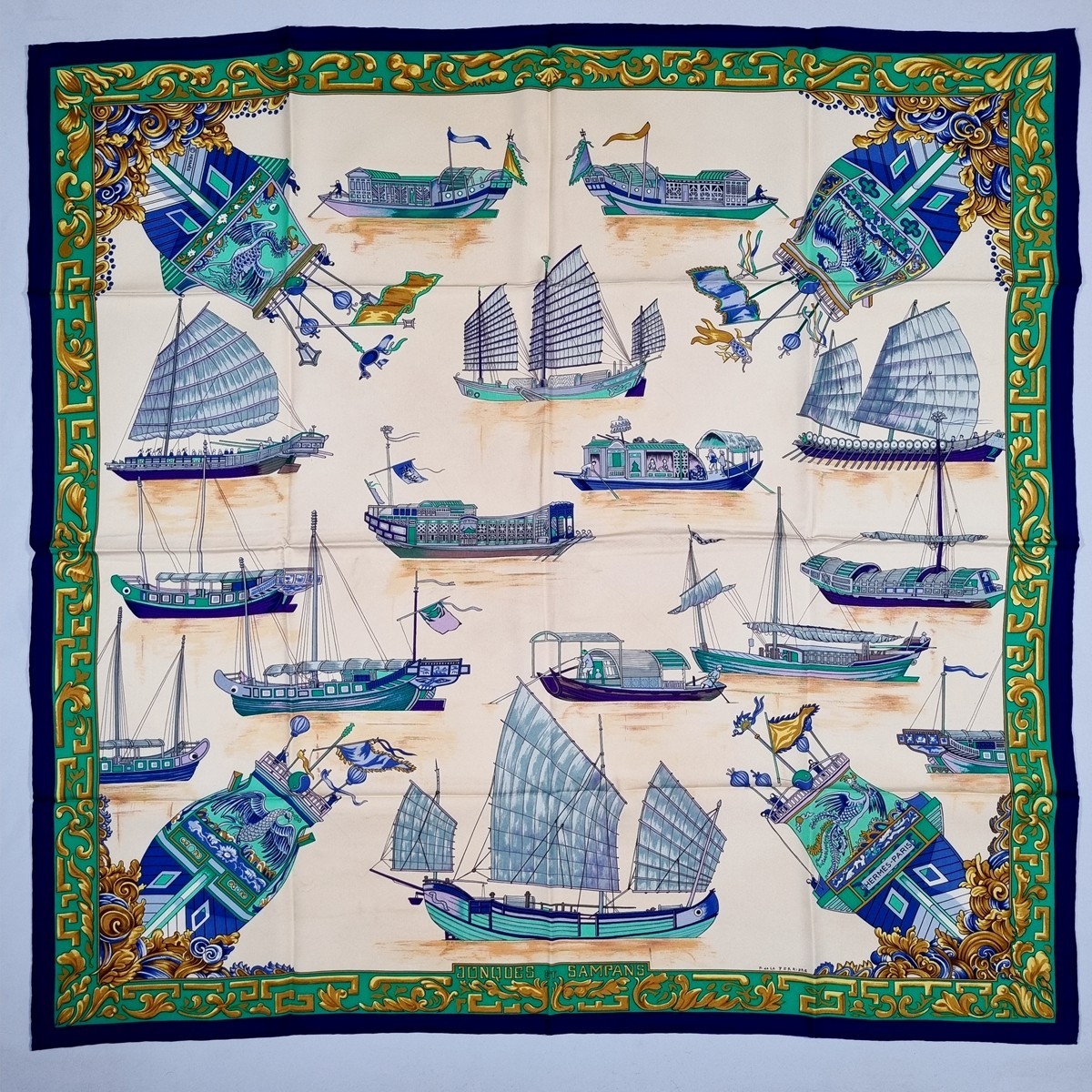 RARE VINTAGE HERMES Silk Scarf "Junques et Sampans" Carre 90