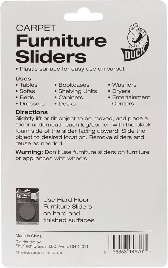 Duck Brand Plastic Carpet Furniture Sliders 3.5 inch Width Round, 4 Pack Brown
