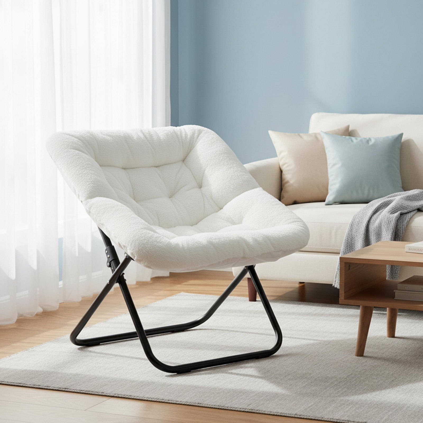 Large Saucer Chair Oversized Folding Faux-Fur Metal Lounge Chair White