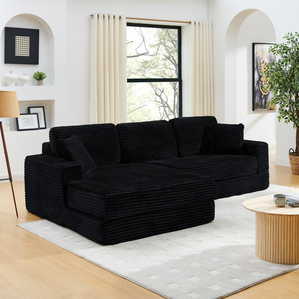 L-Shaped Gray Corduroy Sectional Sofa Converts to Queen Bed