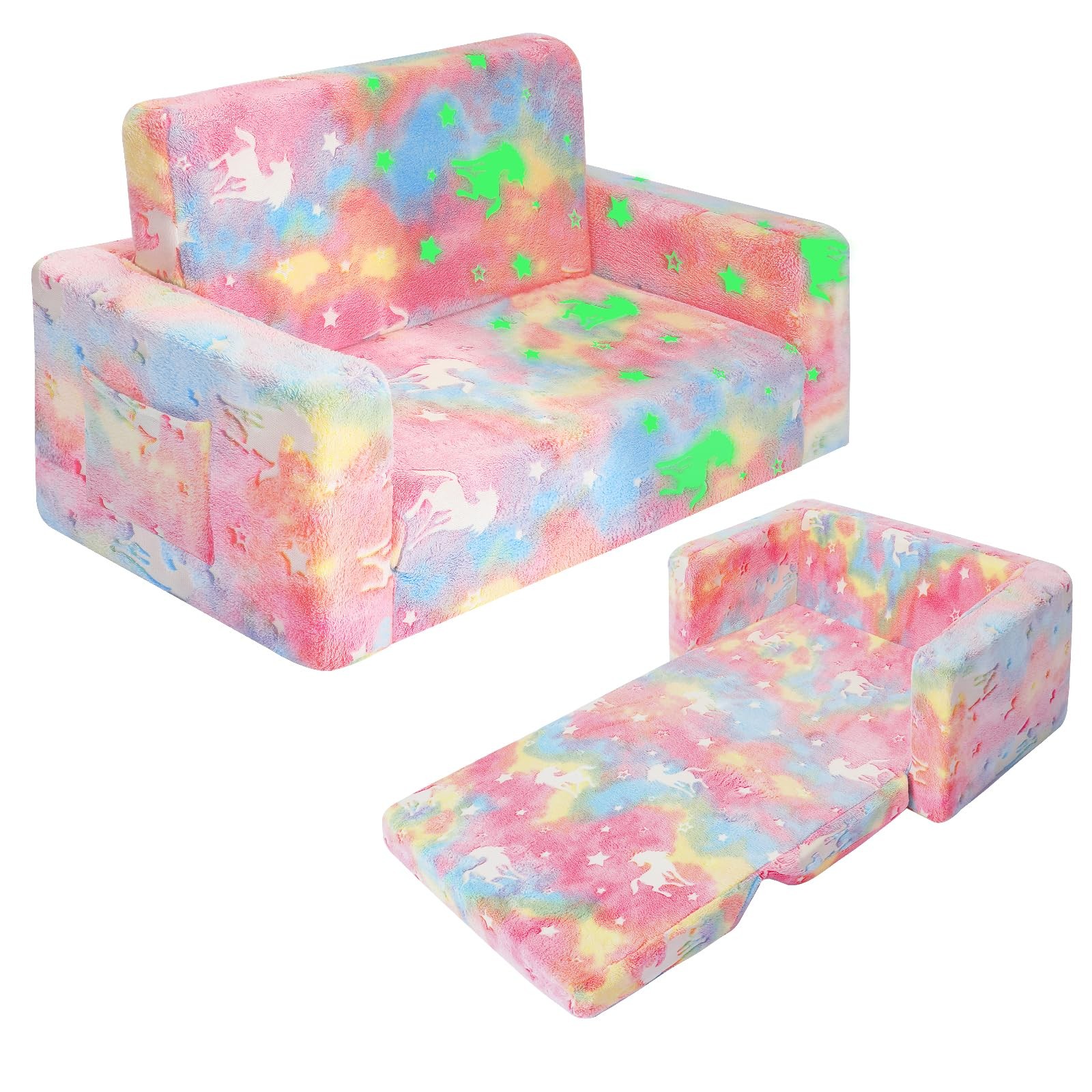 Kids Couch, Fold Out Kids Sofa Chair, Toddler Convertible Sofa to Lounger Pul...