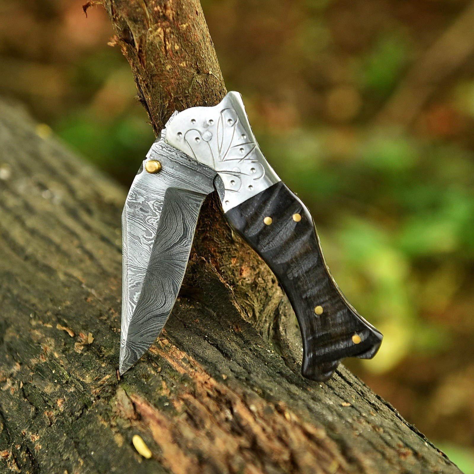 Damascus Folding Dagger Blade Pocket Knife Tactical-Double Edge