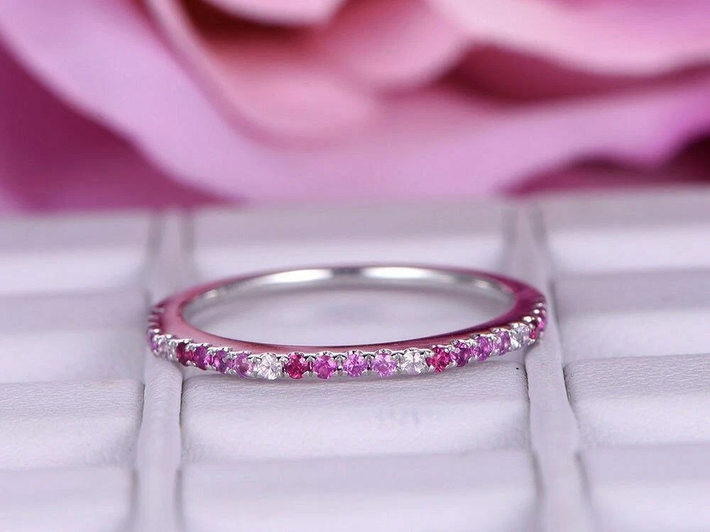 1Ct Lab Created Pink Sapphire Half Eternity Wedding Band 14k White Gold Plated