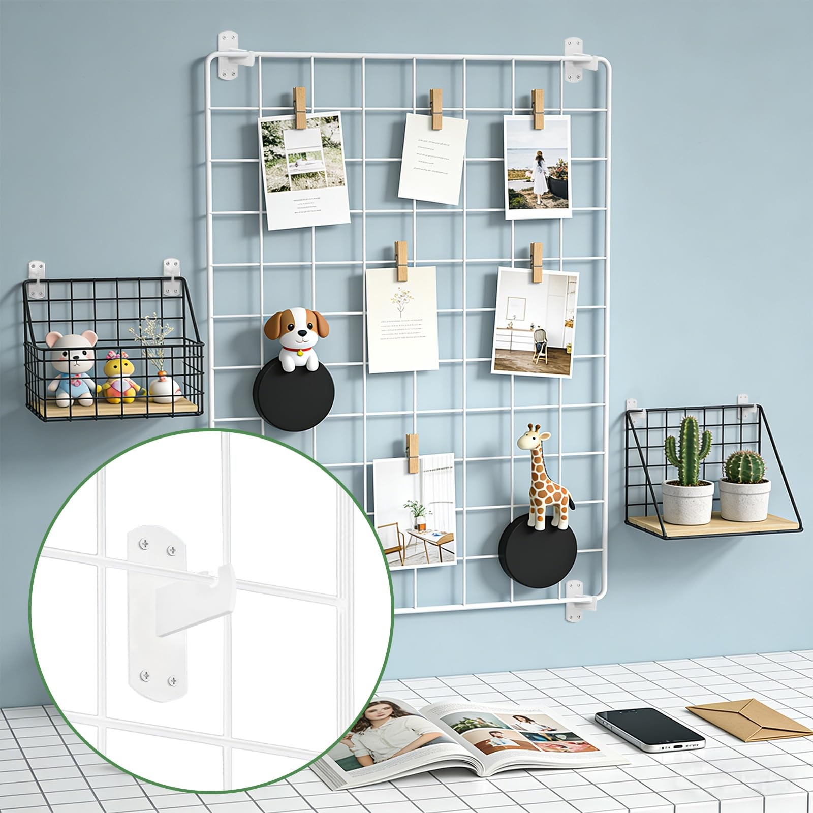 4 PCS Gridwall Mount Brackets Grid Slatgrid Panels White Shelf Hook