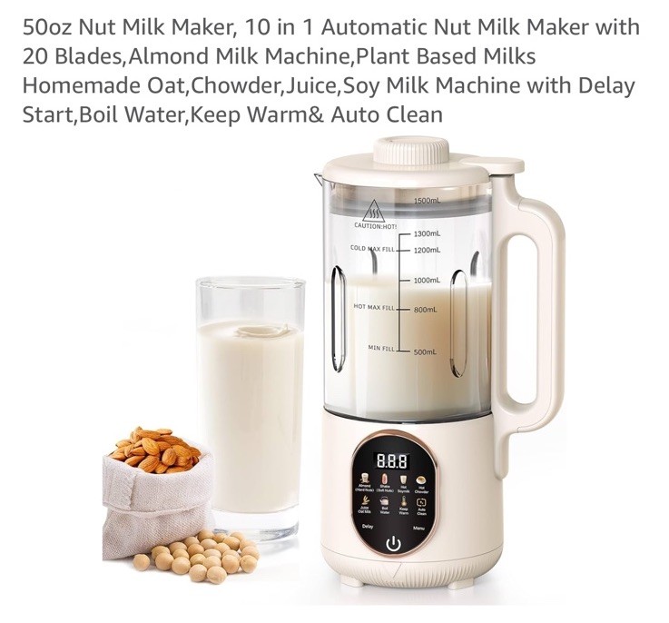 Flelano 10in1 Nut Milk Maker 50oz Almond Soy Oat Dairy-Free Milk Machine Timer