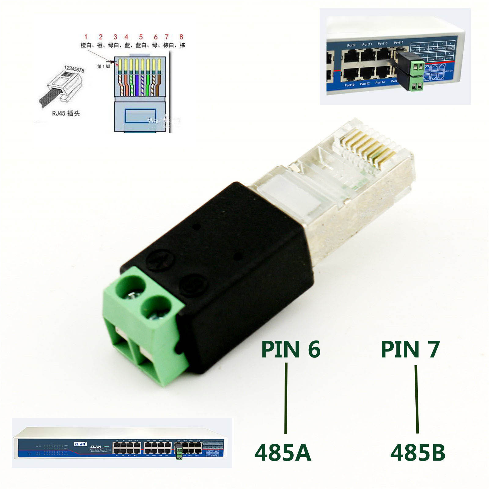 RJ45 Male to 485 2 Pin (6 7P) Screw Terminal Adapter Connector Splitter CCTV DVR