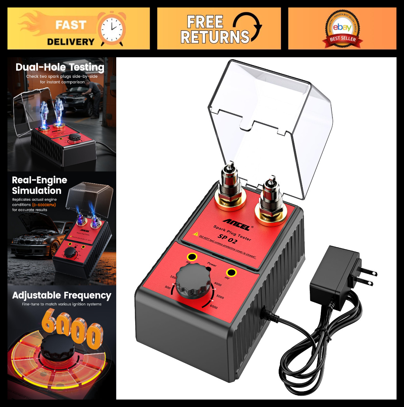 Automotive Spark Plug Tester & Ignition Coil Tester - Dual Hole, 0-6000RPM, Adju