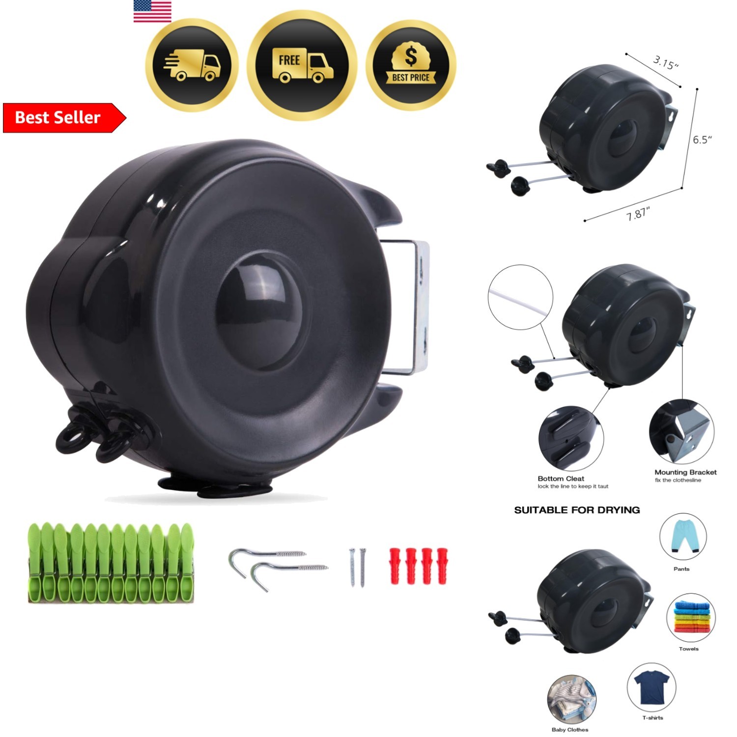 Retractable Clothesline Outdoor Indoor Laundry Line 99 FT Heavy Duty Wall Mou...