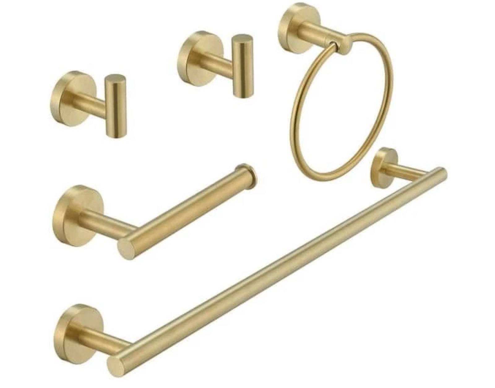 BWE 5-Piece Bathroom Hardware Set Brushed Gold Towel Bar Ring Hook TP Holder