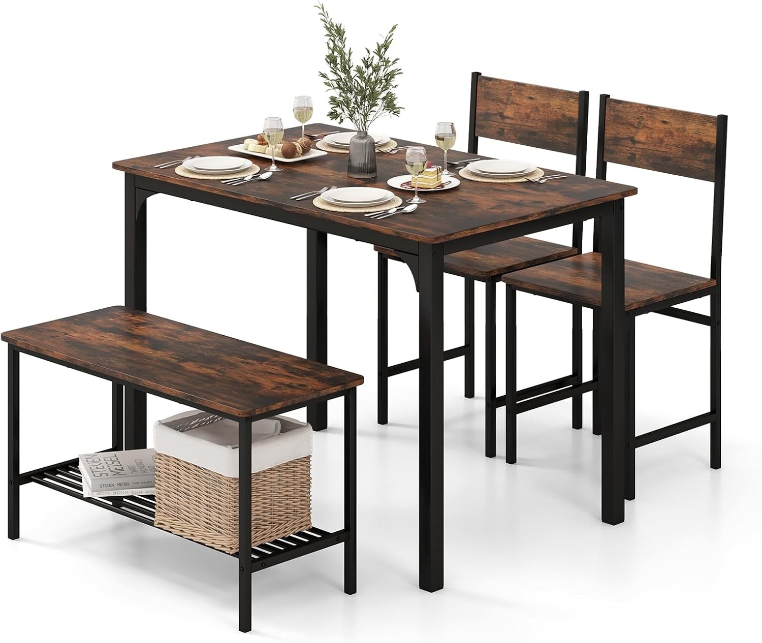 Dining Table Set 4 Rectangular Kitchen Table Set W/ Bench & 2 Chairs Storage
