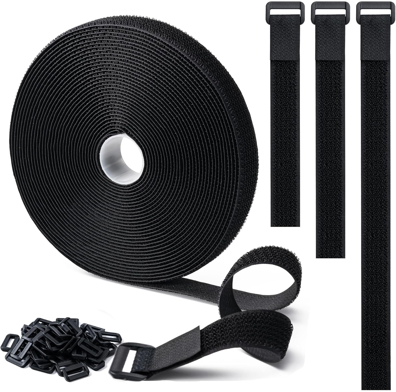1" x32Ft Hook and Loop, Straps with 50 Plastic 1"×32ft Buckle, Black