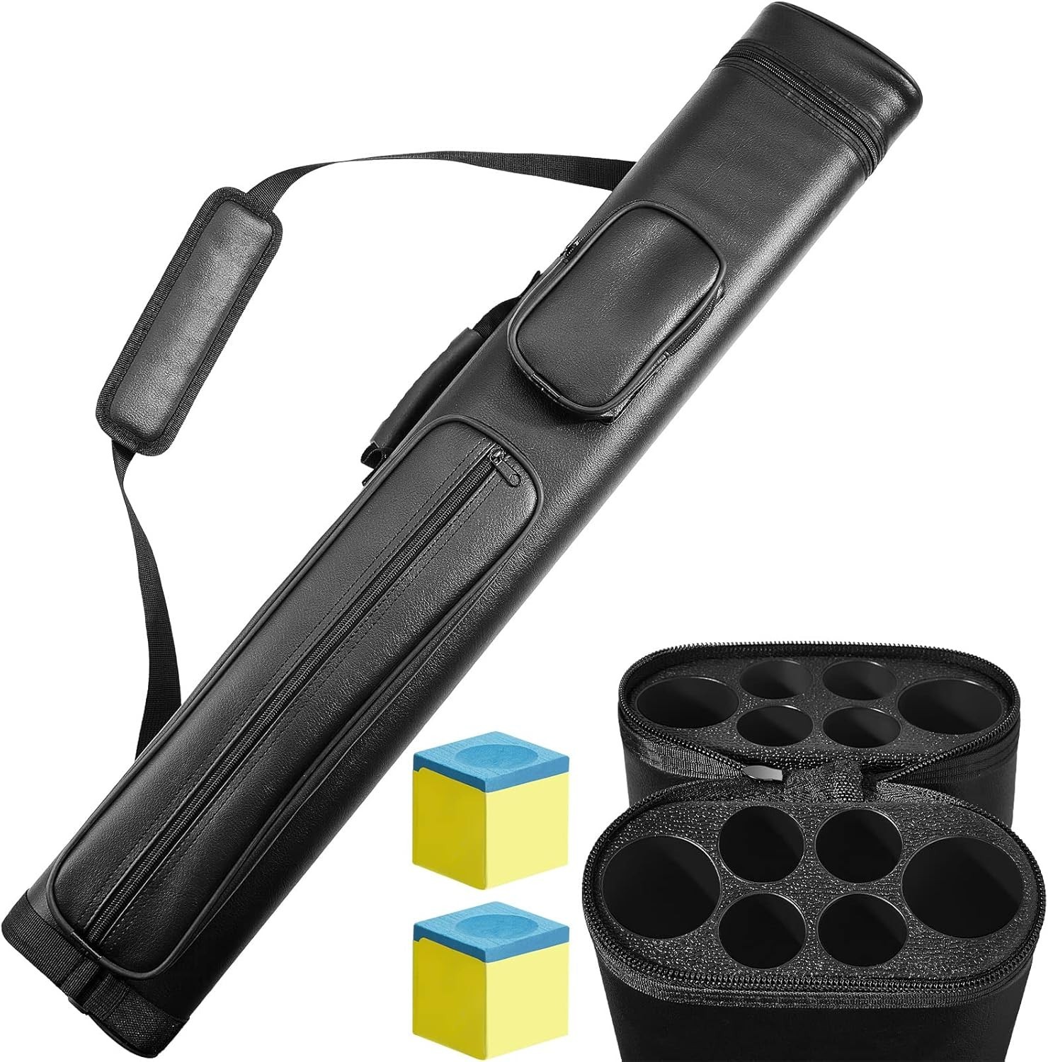 Durable PU Leather Oval Billiard Cue Case with Adjustable Strap & 2 Chalk Cubes