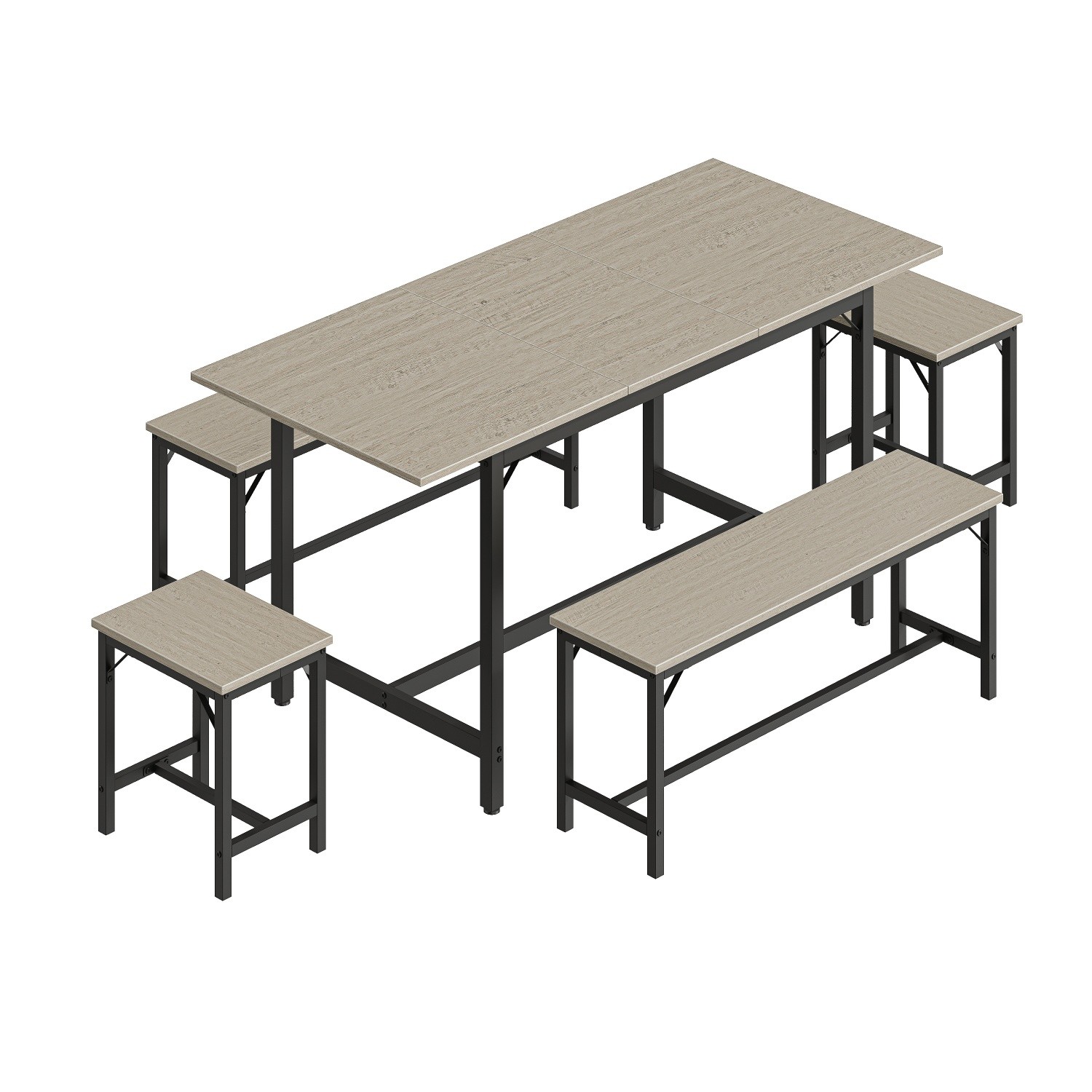 5 Piece Extendable Dining Table Set Wood Tabletop Steel Frame 2 Benches 2 Stools