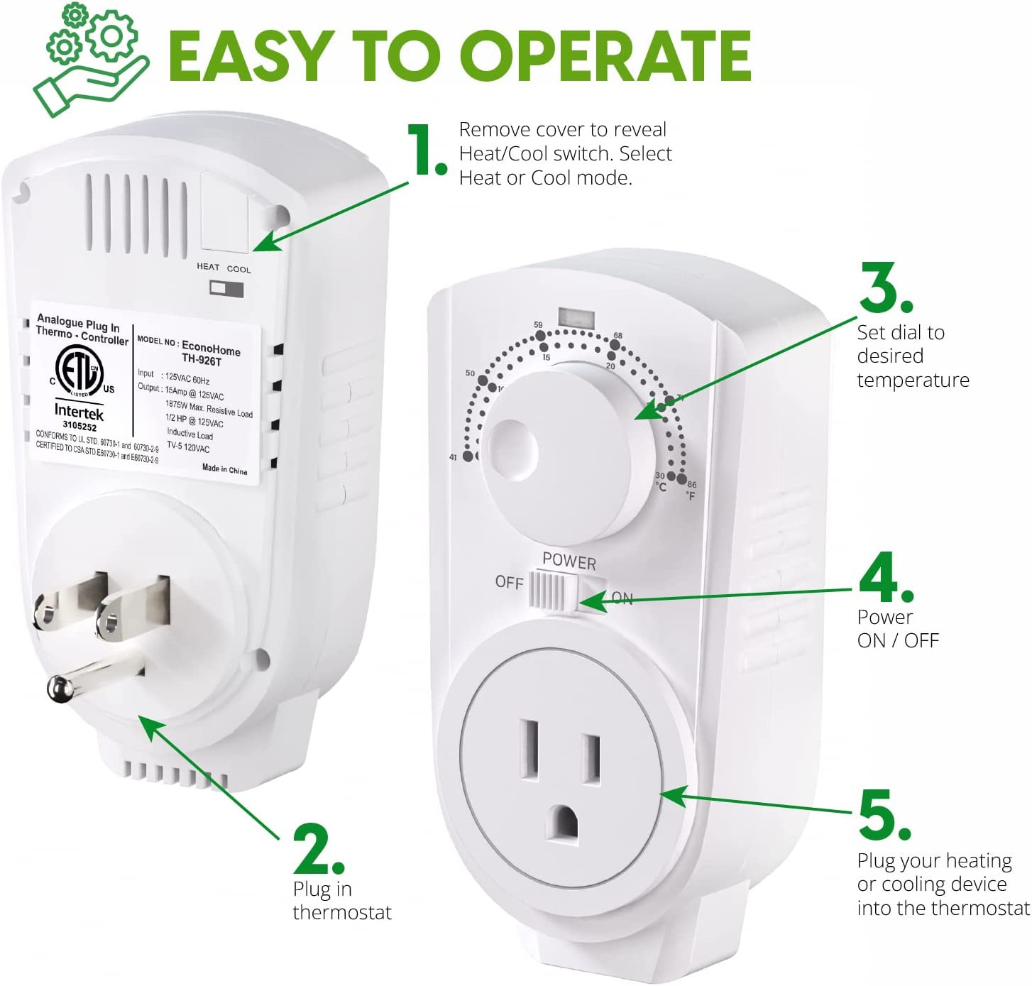 Adjustable - Universal Plugin Heating & Cooling Thermostat - Compatible with Mos