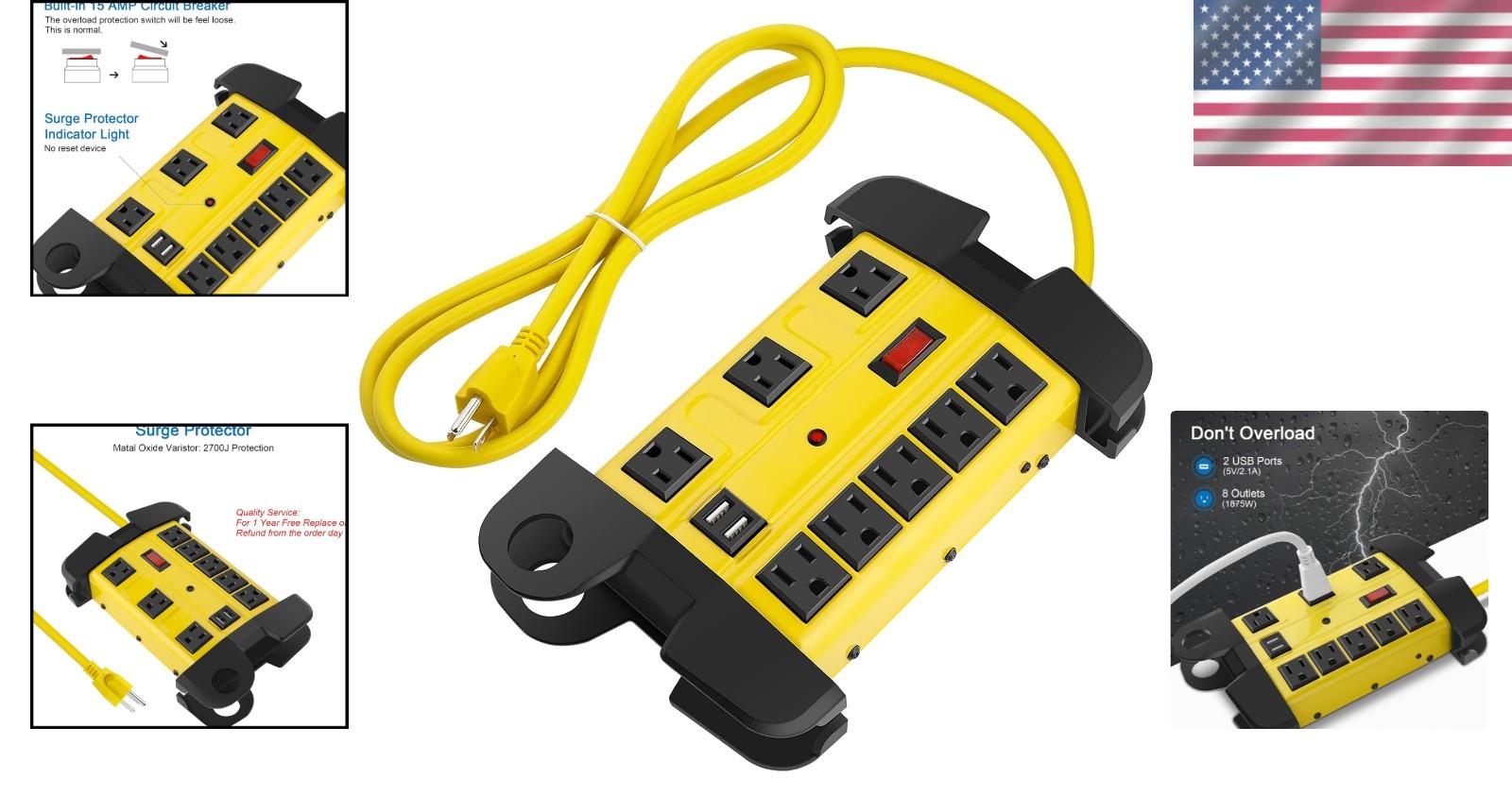 Heavy Duty 12FT Power Strip with 8 Outlets & USB, Ideal Workshop Surge Protector