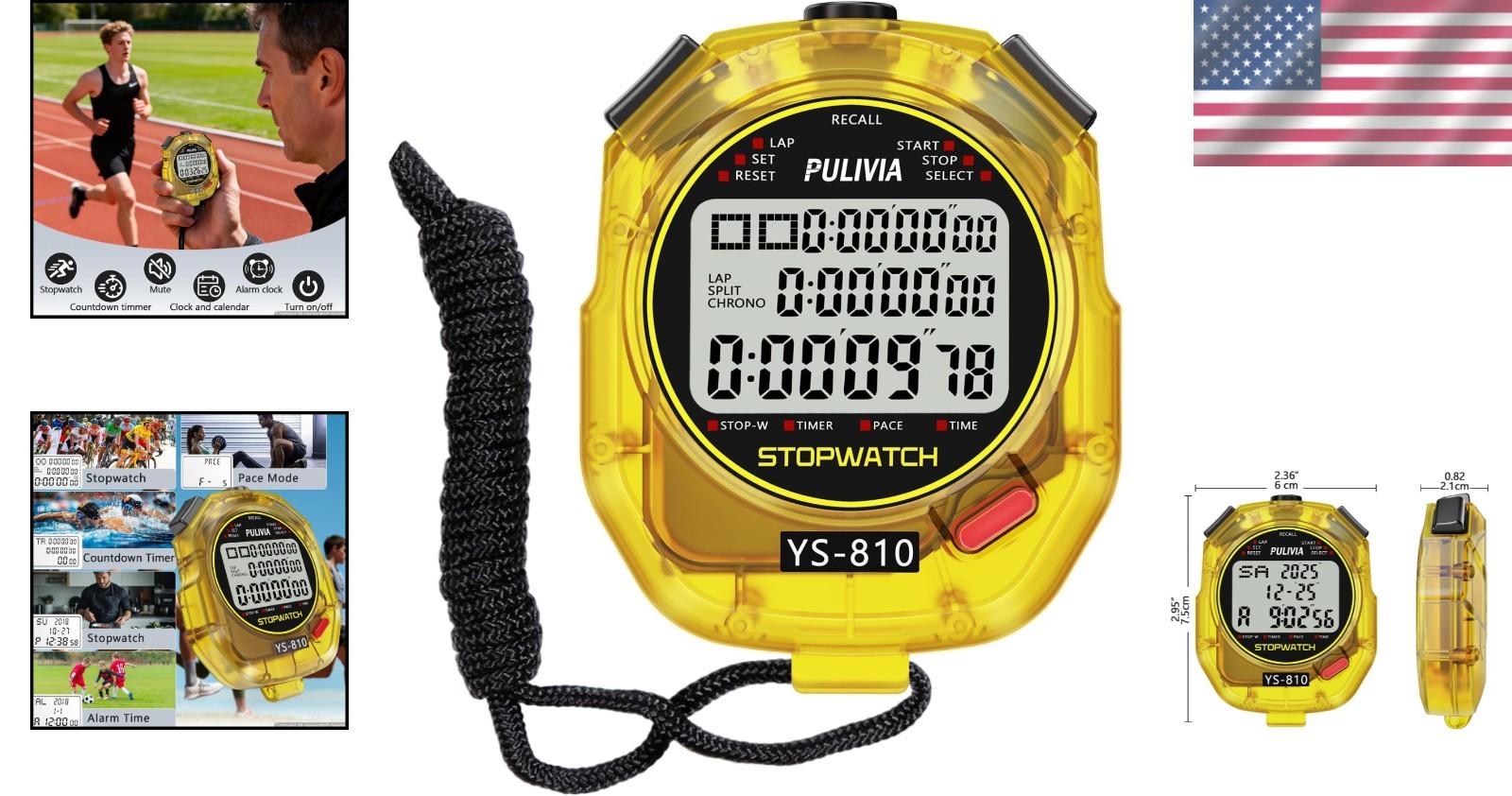 Durable Stopwatch with Countdown, Memory Functions & 3-Row Display for Sports