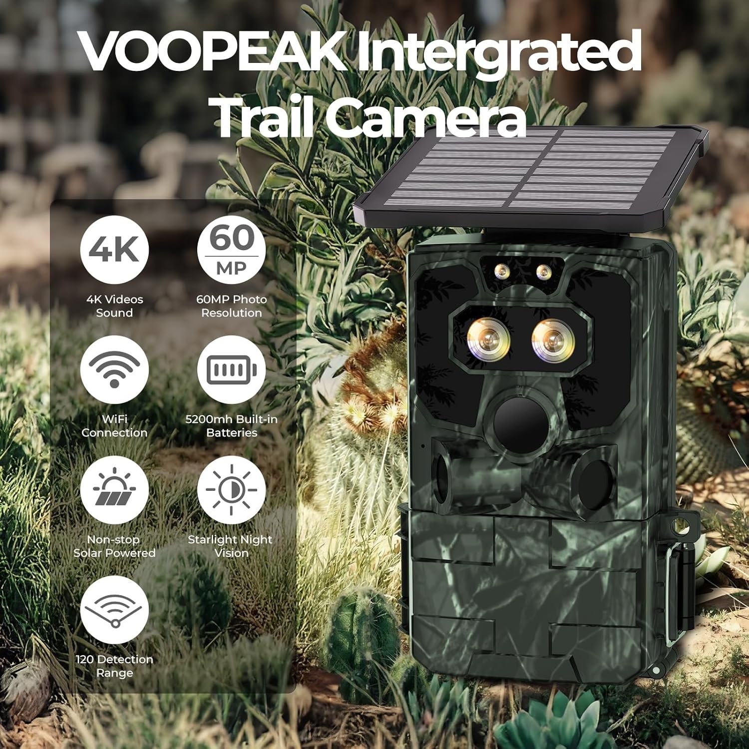 60MP Solar Trail Camera 4K Scouting Wildlife Hunting Game Cam Starlight Vision