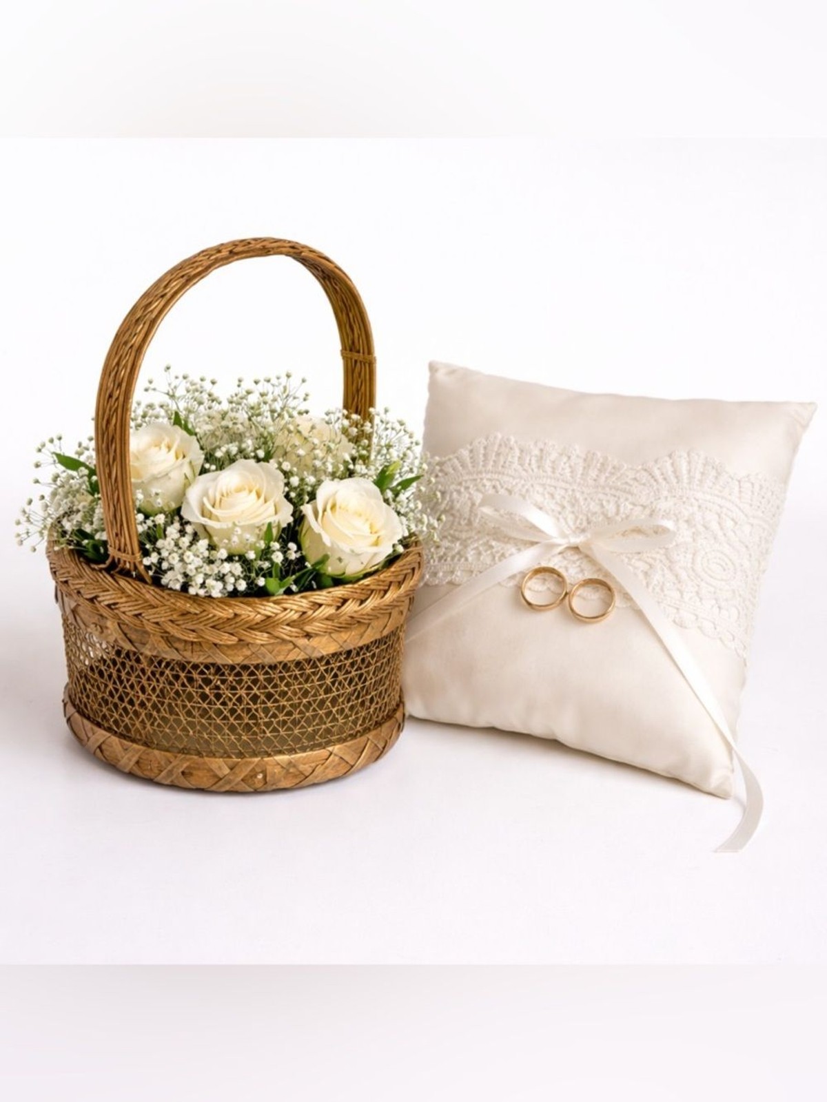 Woven Basket with Cream Roses & White Lace Ring Pillow