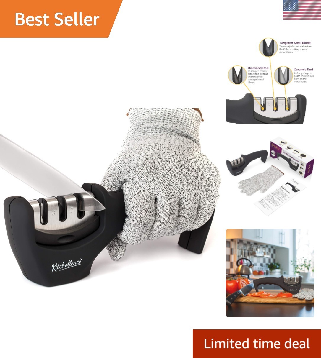 Ergonomic 3-Stage Knife Sharpener with Cut-Resistant Glove for Safe Cooking