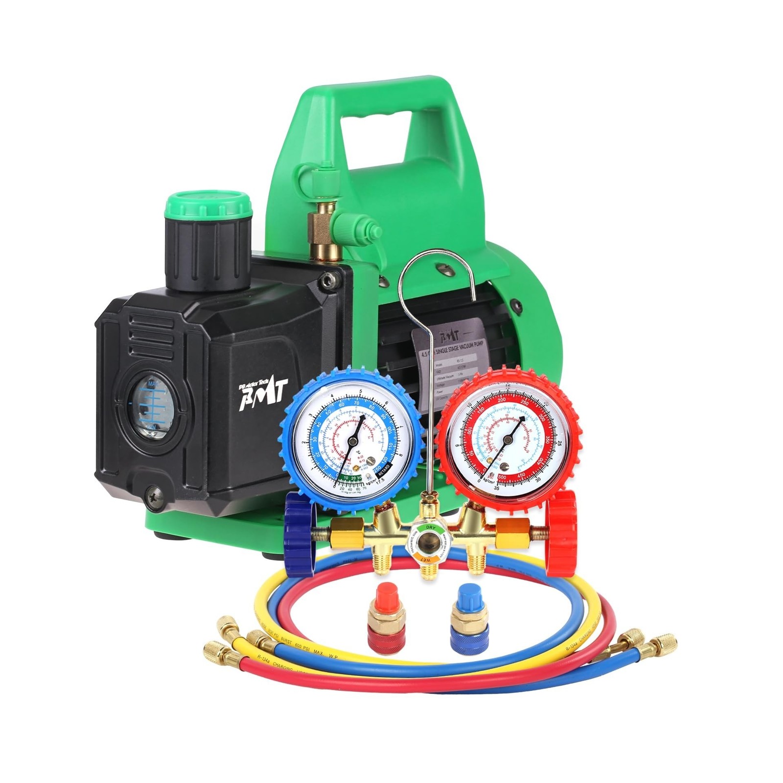 PB Motor Tech 4.5 CFM Vacuum Pump with Brass Manifold Gauge Set with 4FT Thre...