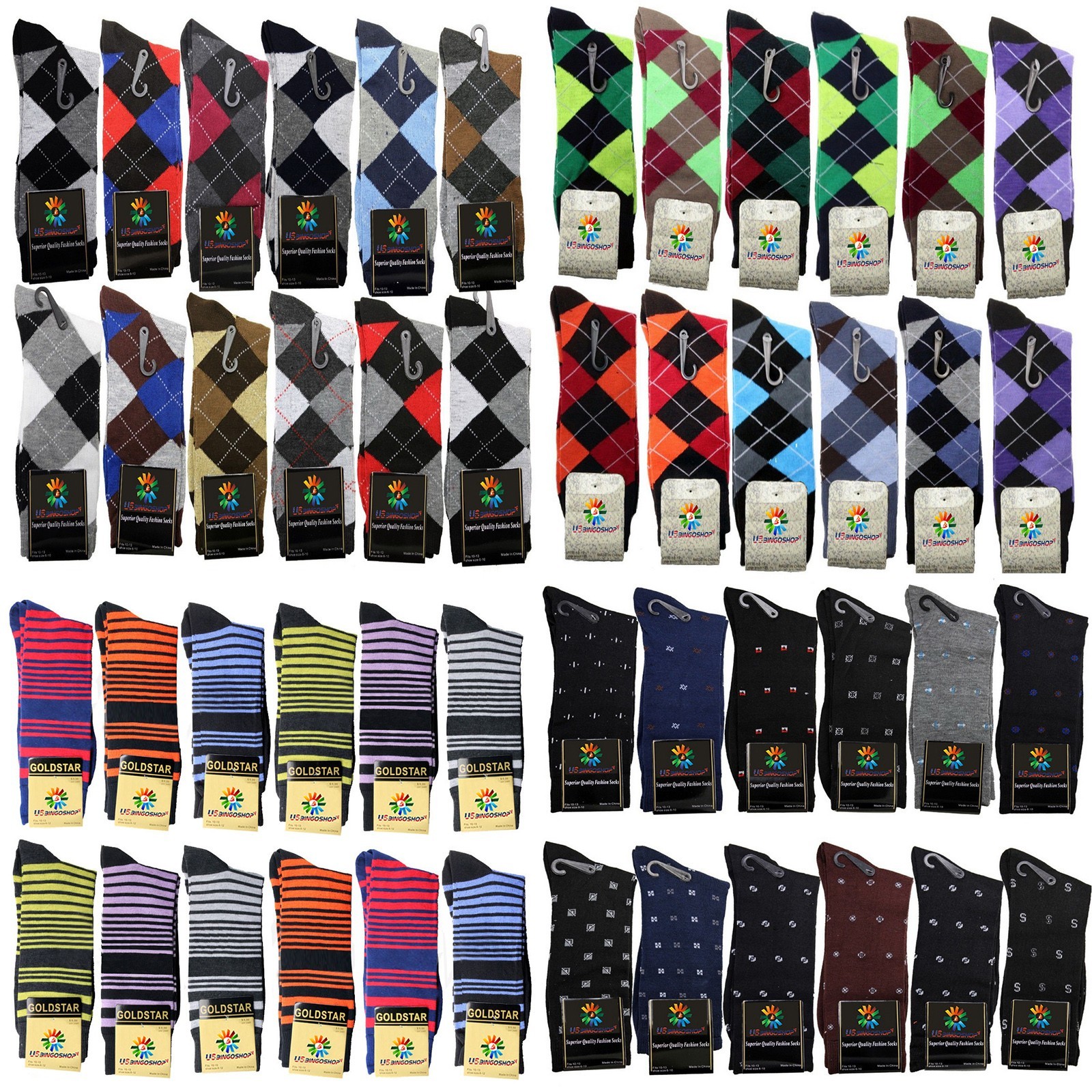 3-12 Pair Cotton Men Mens Cotton Argyle Striped Black  Mid Calf Crew Dress Socks