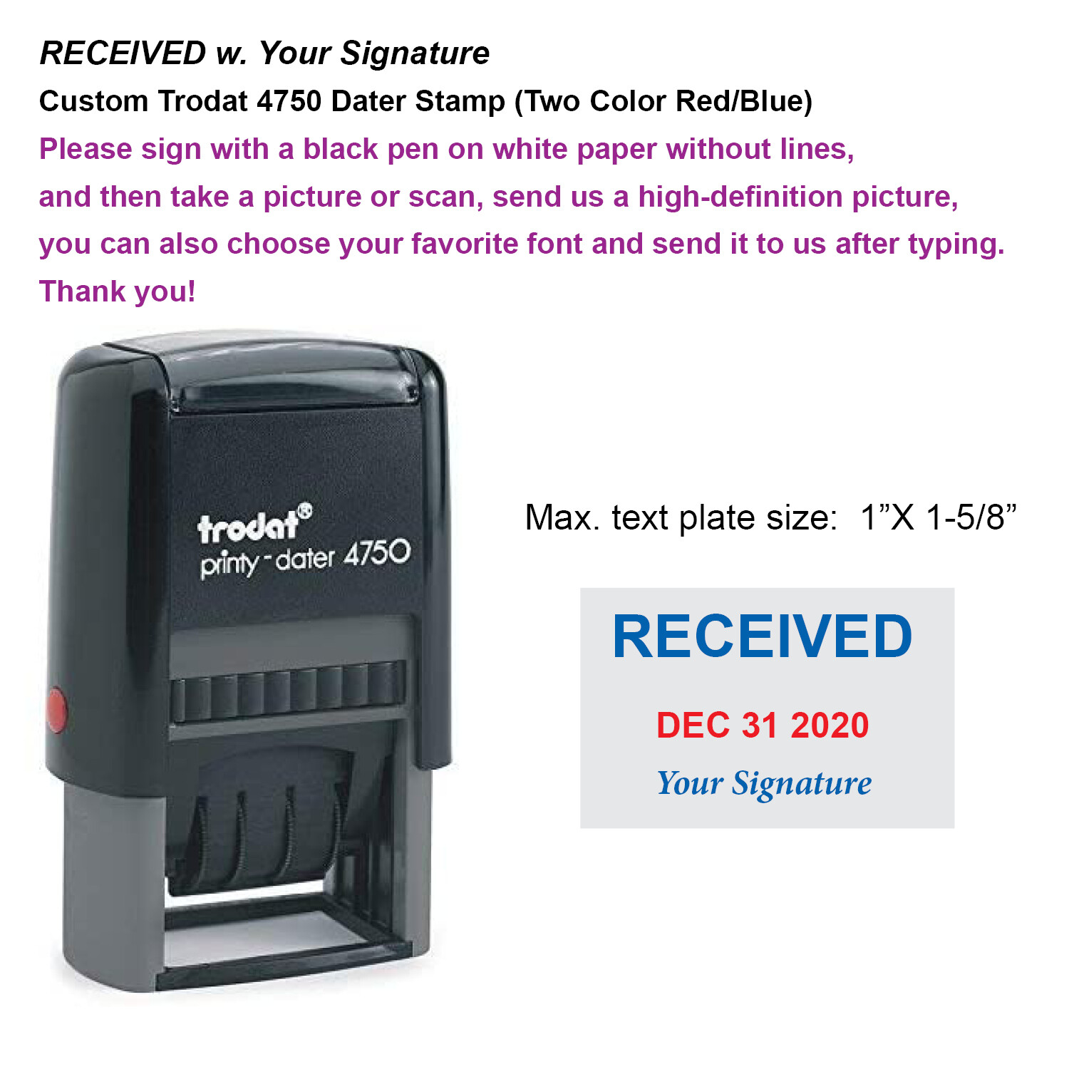 RECEIVED w. Your Signature Custom Trodat 4750 Dater Stamp (Two Color Red/Blue)
