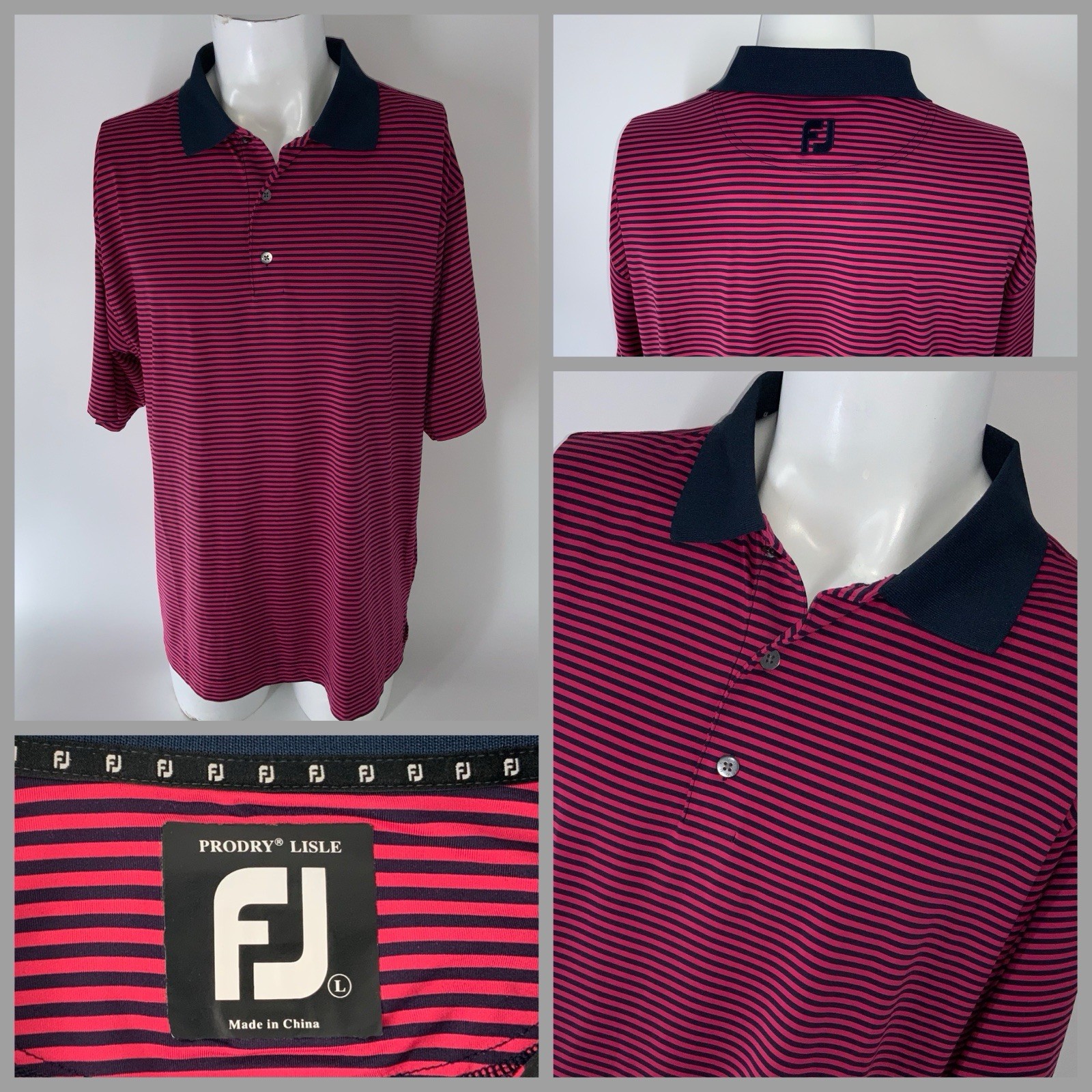 FootJoy Golf Polo Shirt Men’s L Pink Blue Striped Polyester Spandex YGI R5-33