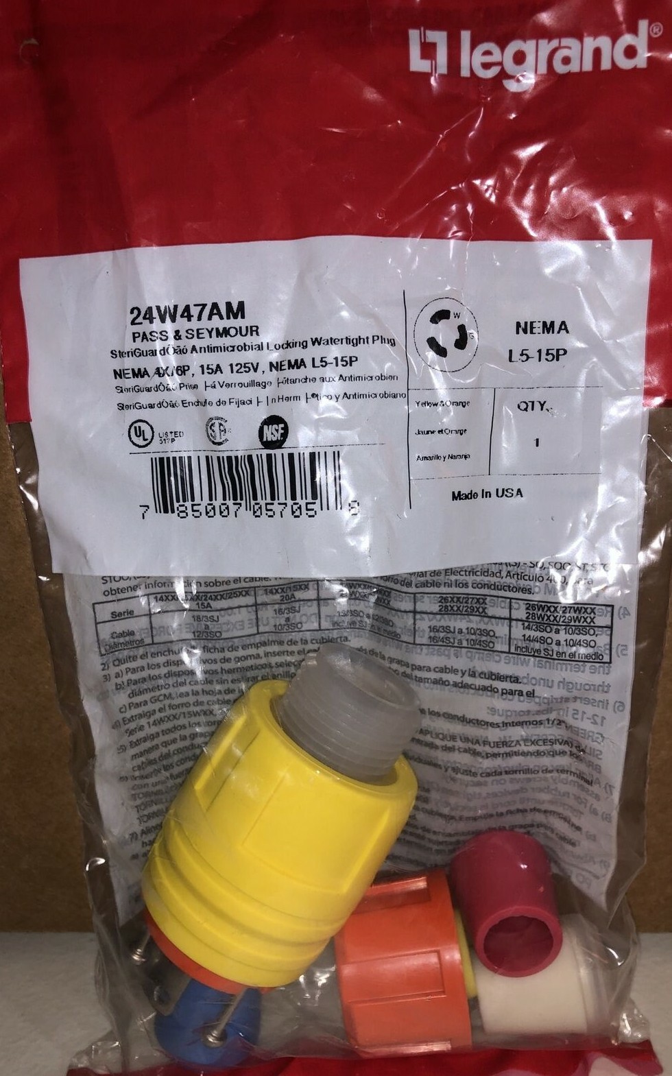 Legrand 24W47AM 15A 125V Locking Anti Microbial IP67 L5-15P Plug SteriGuard™
