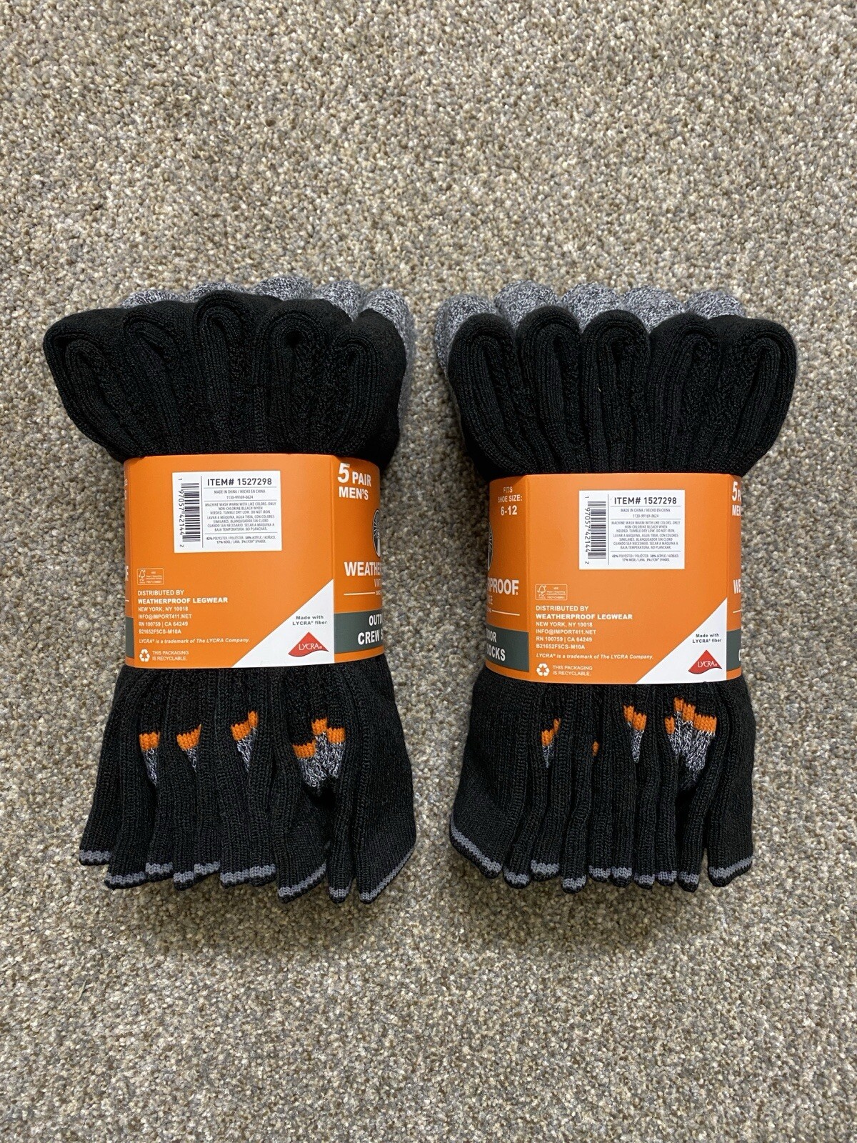 Weatherproof Men's Crew Socks Wool Blend Shoe Size 6-12, Black Color (Pack-10)