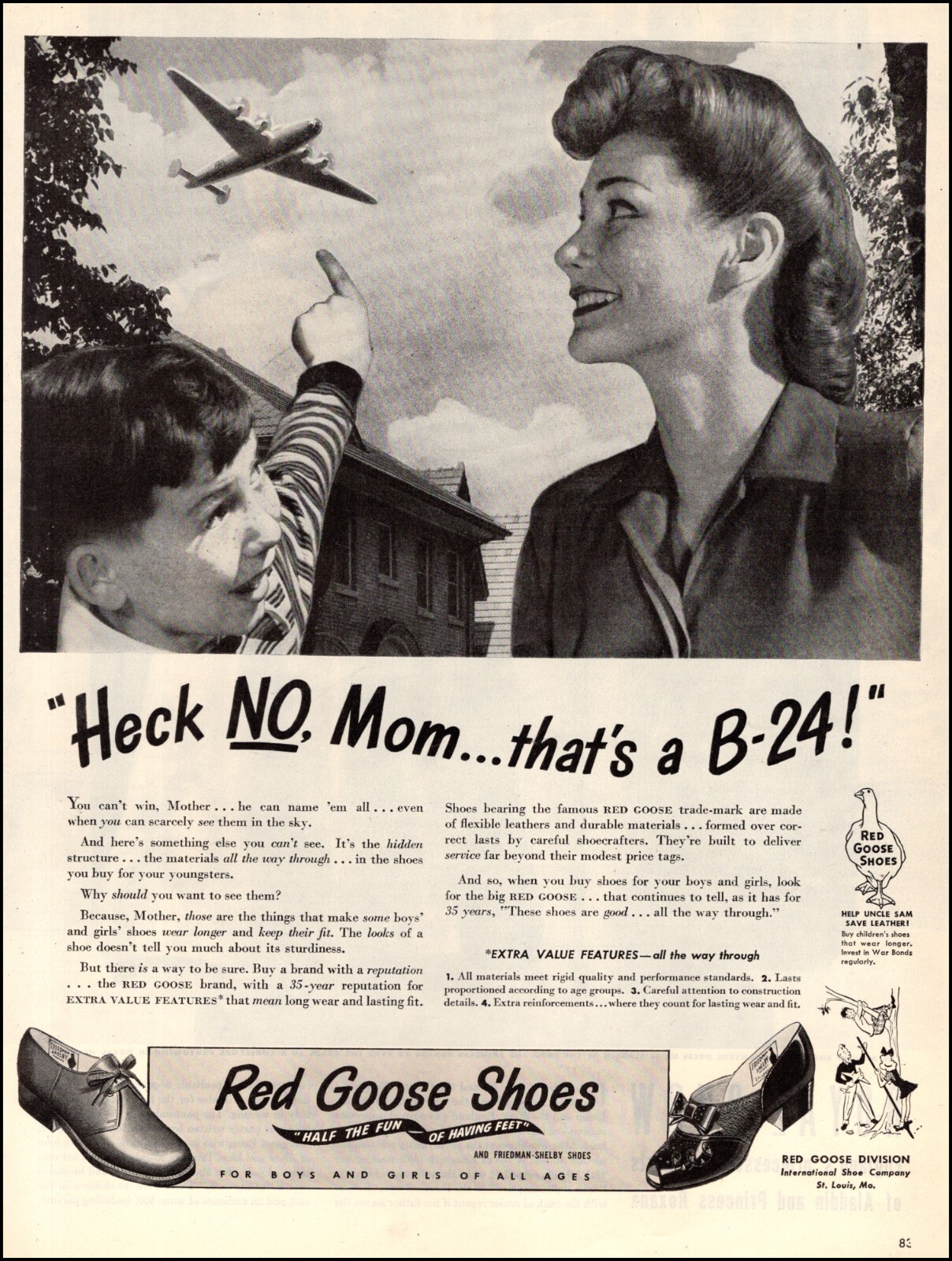 1944 WW2 Ad  RED GOOSE SHOES Boys & Girls " Heck No, Mom That's a B-24 "  062424