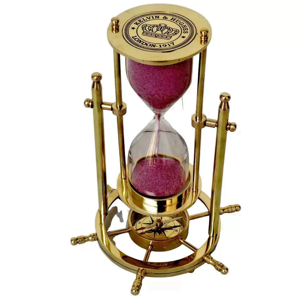 Brass Sand Timer Hourglass Wheel Compass Base & Hanging Collectible