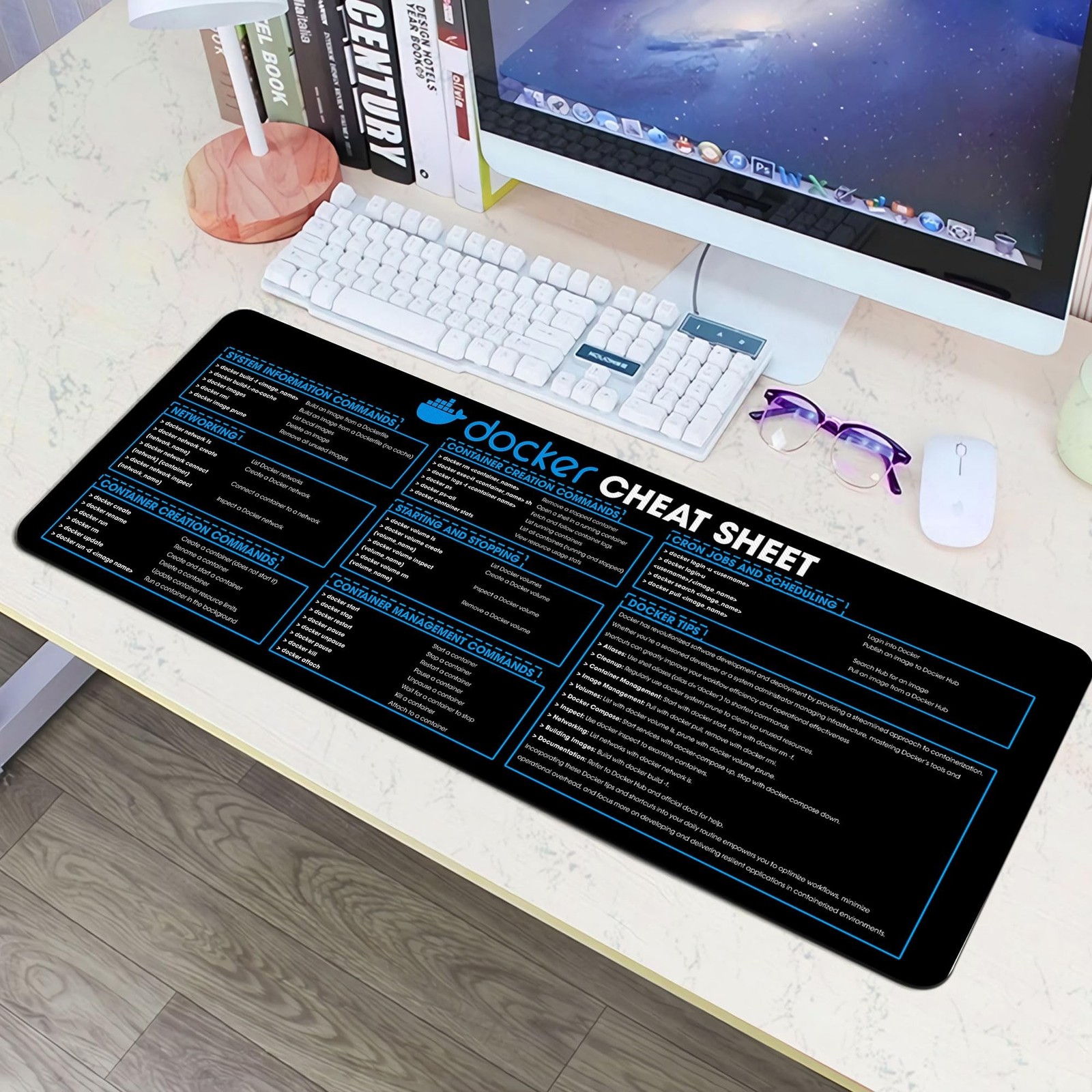 Docker Cheat Sheet Mouse Mat, Large Gaming Desk Mat Mouse Pad for Developers,...