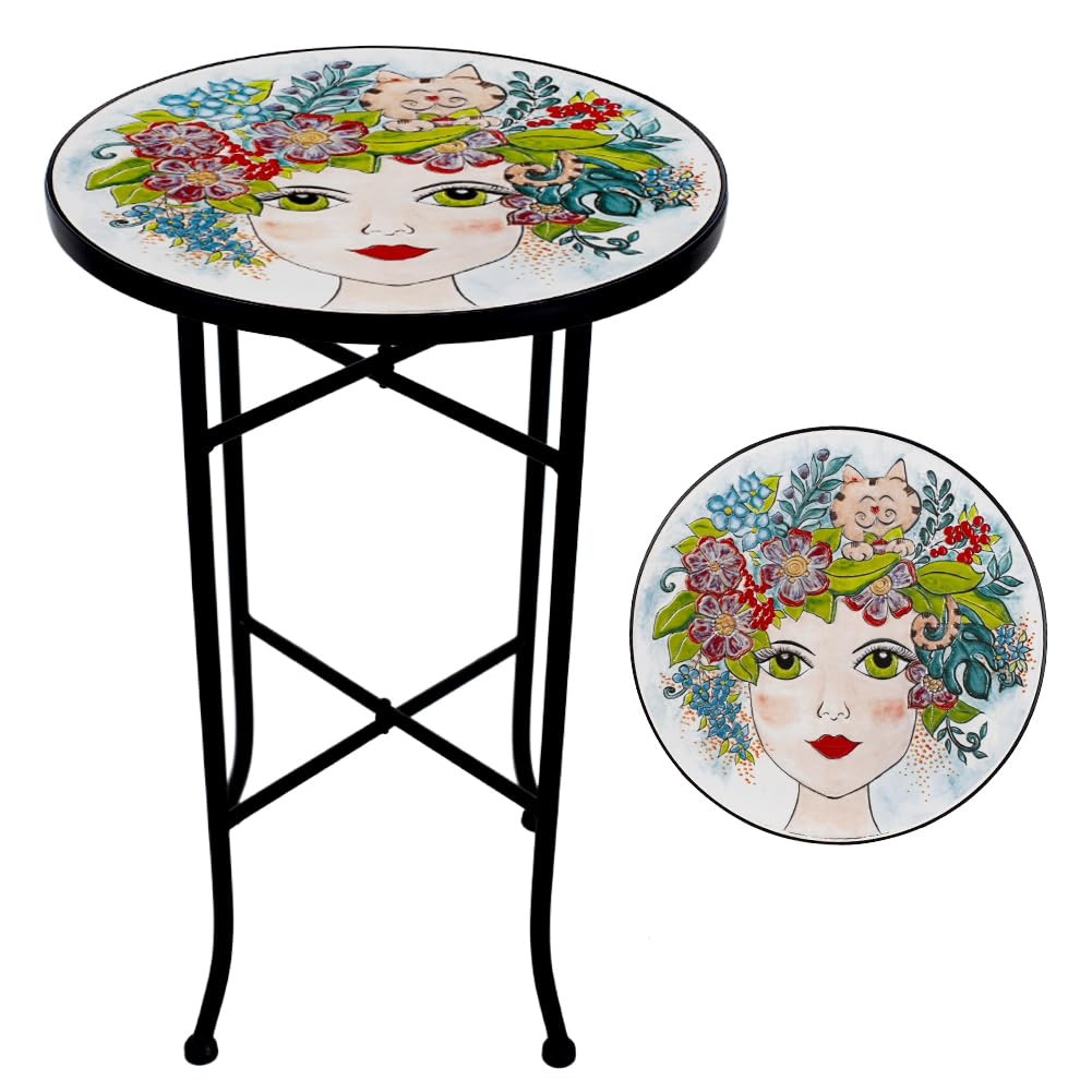 Mosaic Outdoor Side Table Small Round Patio Table with 14" Ceramic Tile Top I...