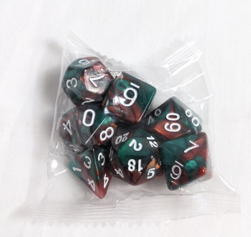 RPG Gaming Dice Polyhedral 7 Piece Dice Set Green Copper w/ White Numbering NEW