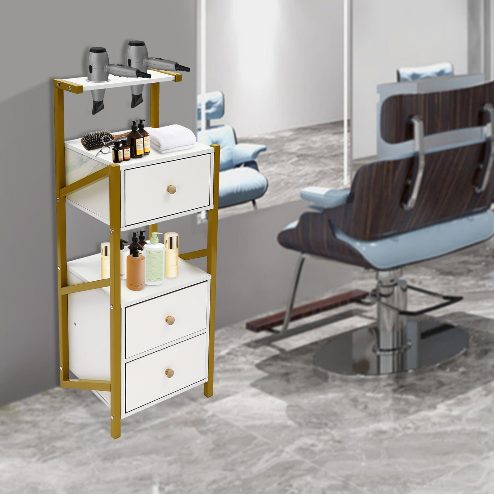 Salon  Storage Cabinet with 3 Drawers & Hair Dryer Holder - Heavy-Duty