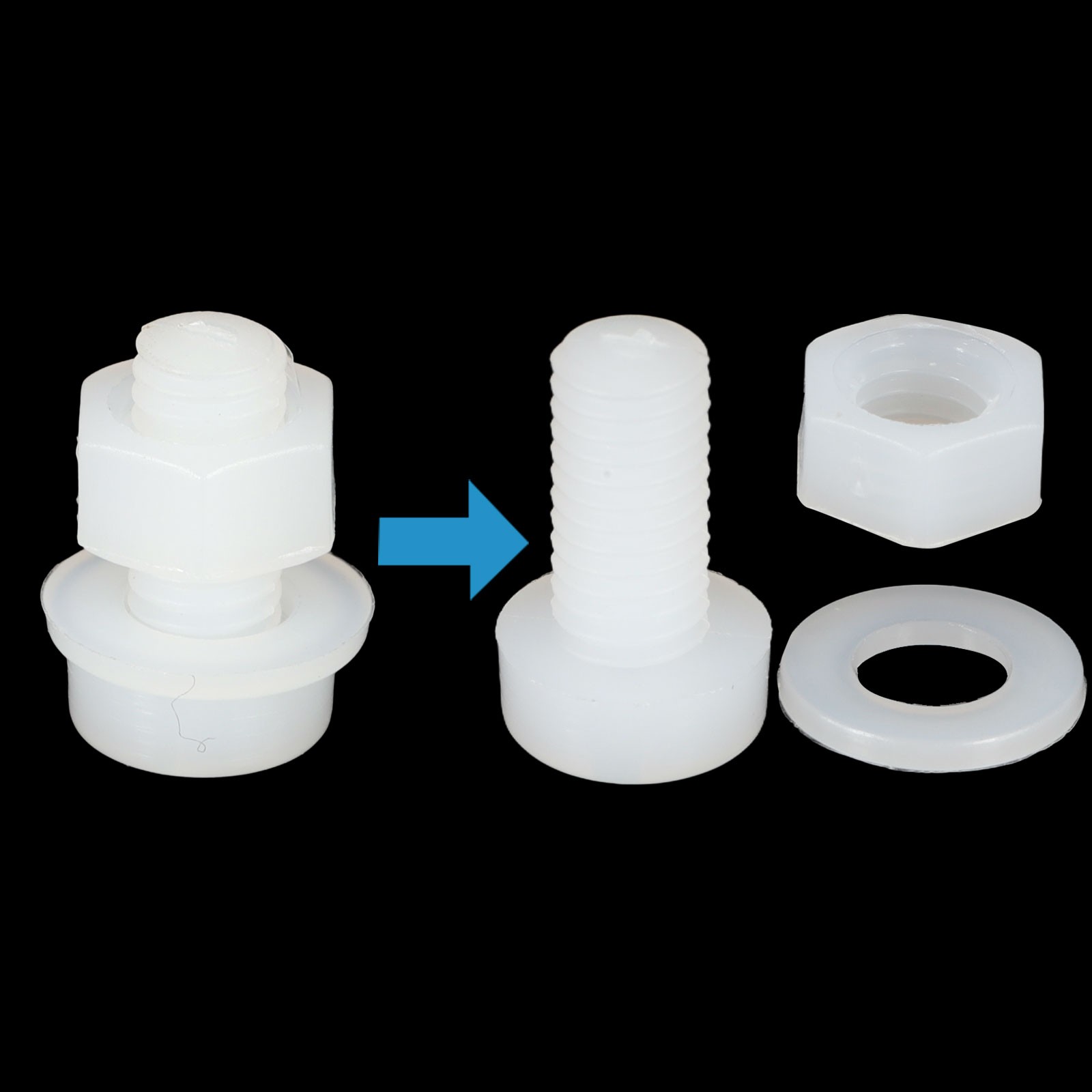 M5x10mm White Nylon Bolts Plastic Nuts Full Thread Head Screws, 24 Sets