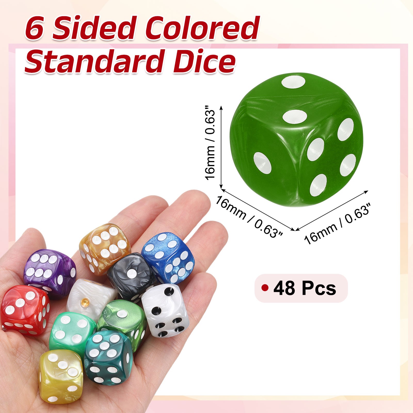 48Pcs 6 Sided Colored Standard Dice, Acrylic D6 Pearl Pattern Dice, Green