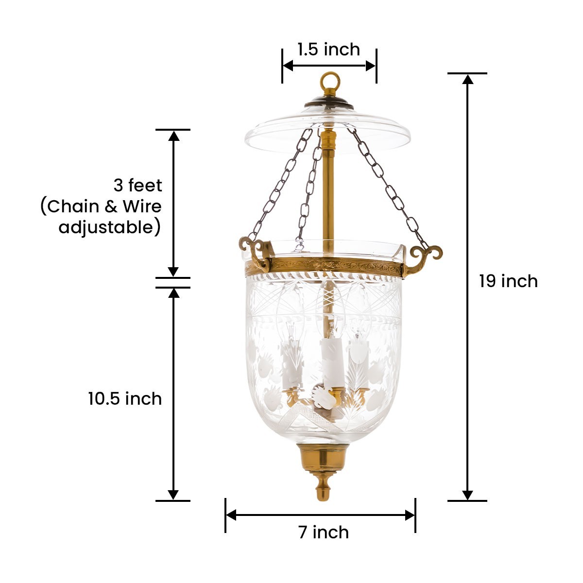7' Small Hanging Lanterns - Starburst, Diamond Cut, Floral Glass, Brass Finish