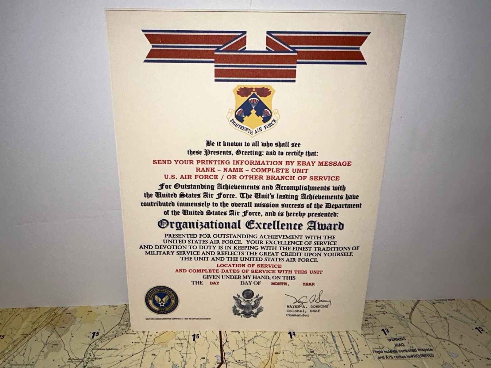 U.S. AIR FORCE / 18TH AIR FORCE - ORGANIZATIONAL EXCELLENCE AWARD CERTIFICATE