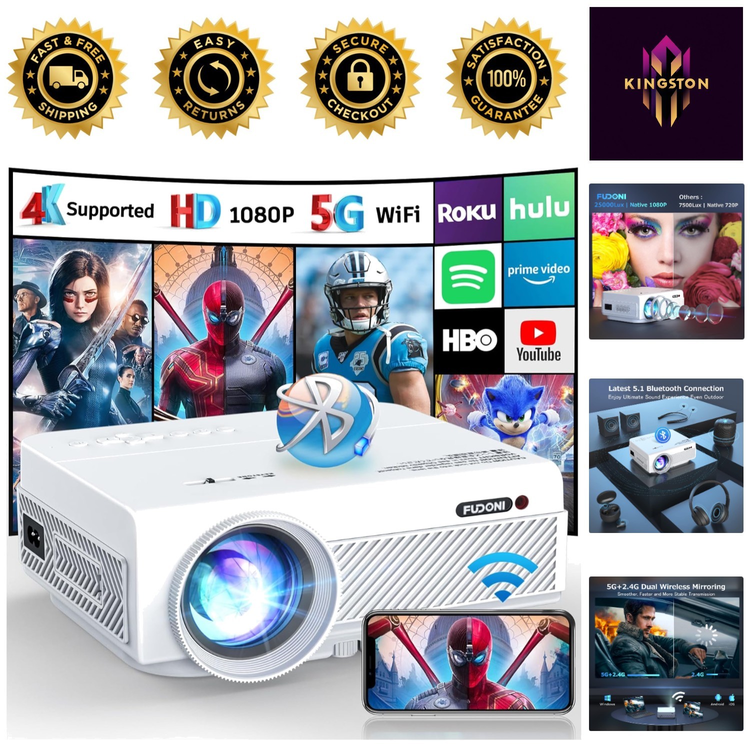 Native 1080P WiFi Bluetooth Projector - 300 Inch Max Screen, Built-in Speaker