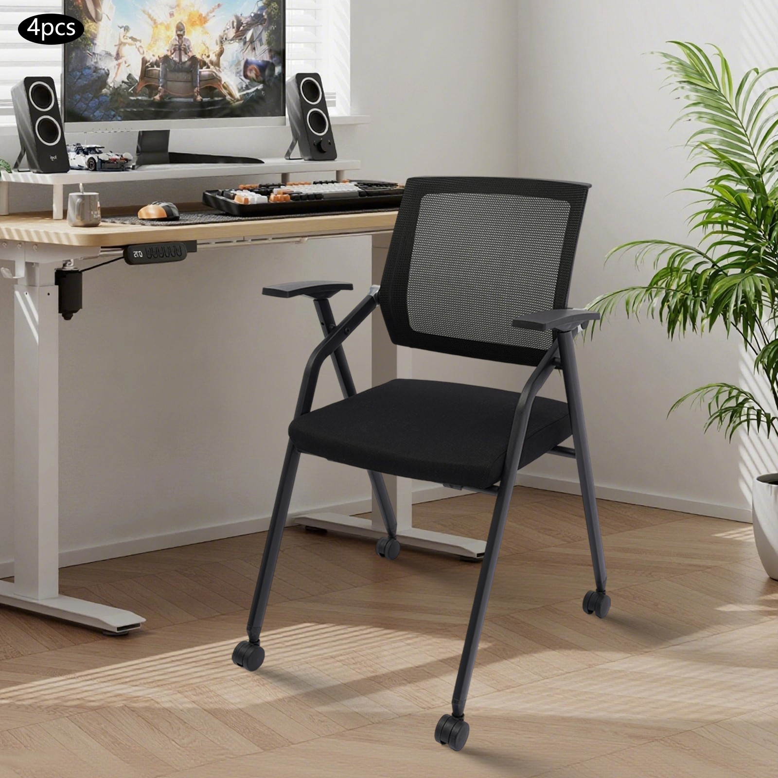 4 PCS Black Reception Guest Chairs Modern Foldable Office Chair with Wheels